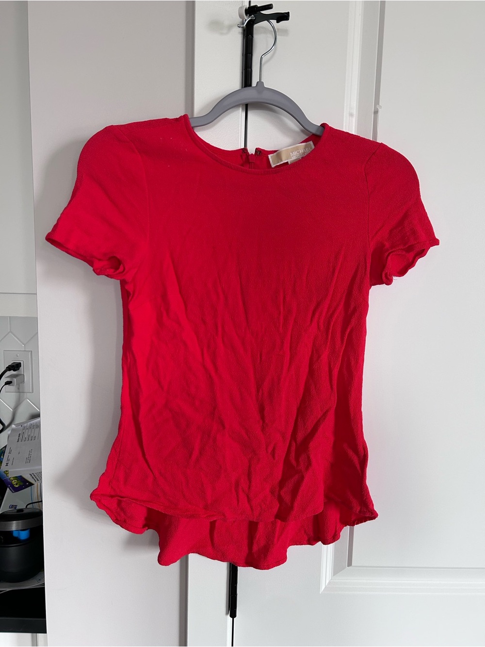 Michael Kors Red Short Sleeve Ruffle Hem Top Dressy Blouse Workwear Designer